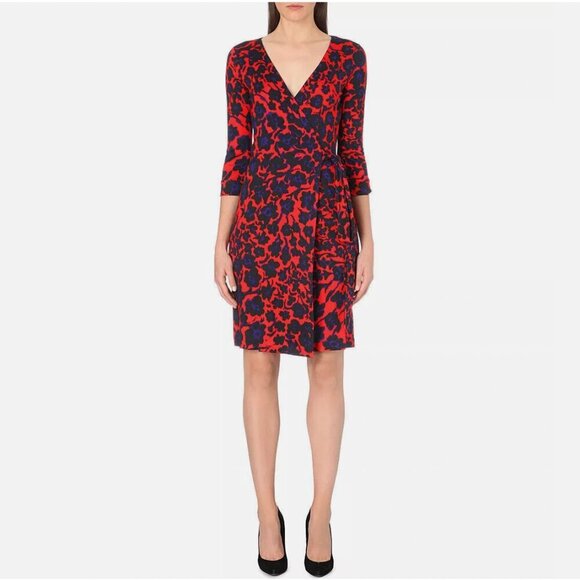 Diane Von Furstenberg Julian Silk Jersey Wrap Dress Cheetah Floral Blue and Red - Picture 1 of 14